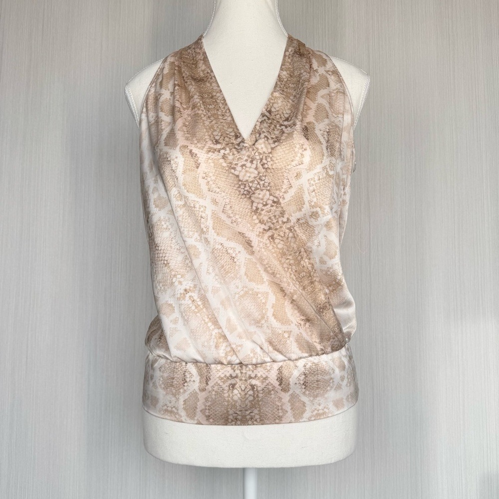 White House Black Market Snake Print Satin Surplice Halter Blouse Cream Tan XS